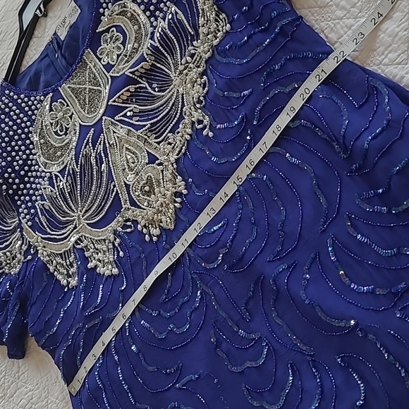 Vintage Western Bib Pearl Fringe & Silver Sequin Moon Silk Shift Dress XL - Picture 15 of 16